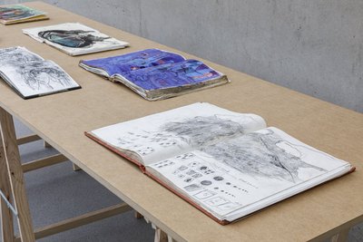 Anna Boghiguian, Reisebücher, Ausstellungsansicht 1. Obergeschoss, Kunsthaus Bregenz, 2022