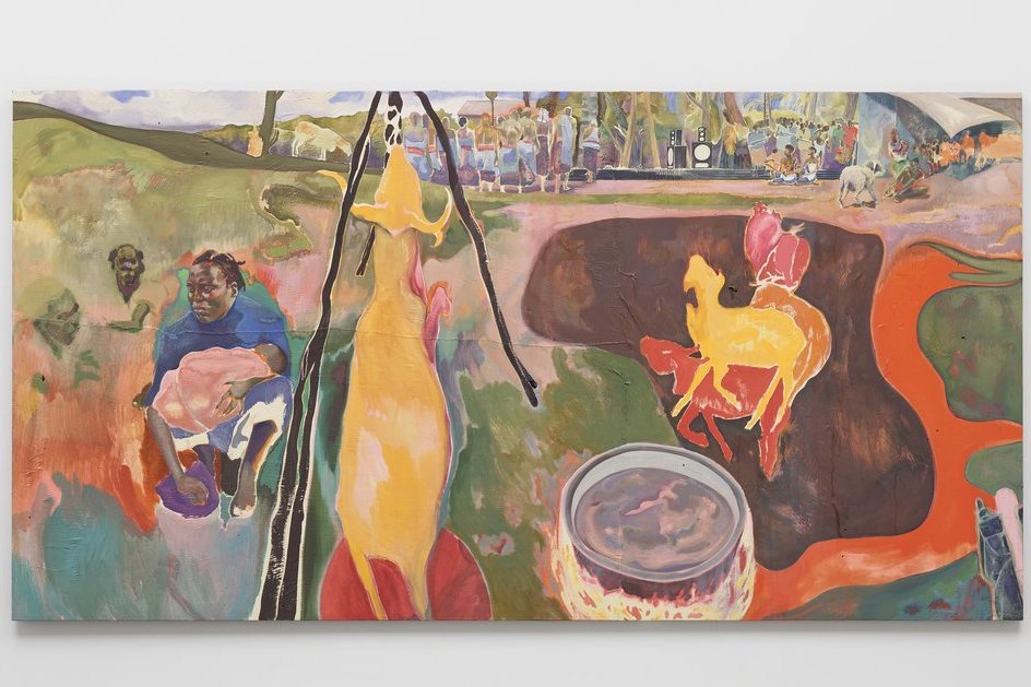 Michael Armitage, Amongst the Living, Oil on Lubugo bark cloth, 220 x 420 cmm 