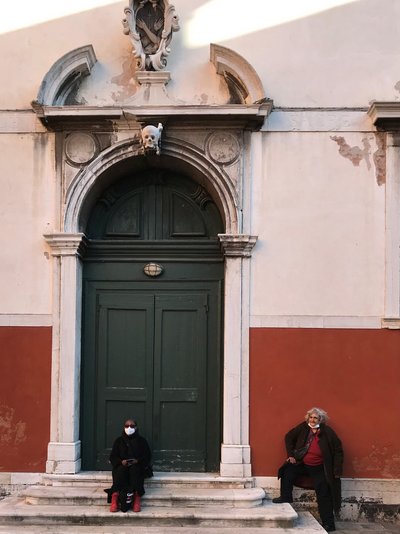 Otobong Nkanga and Anna Boghiguian in front of the Scuola di San Pasquale